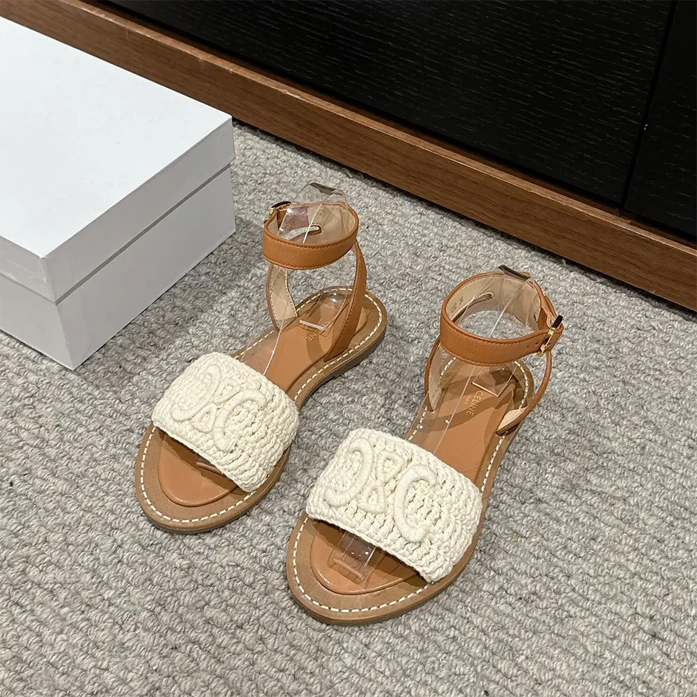 Overhead angle showing open toe and woven cotton detail on Celine Lympia Sandal