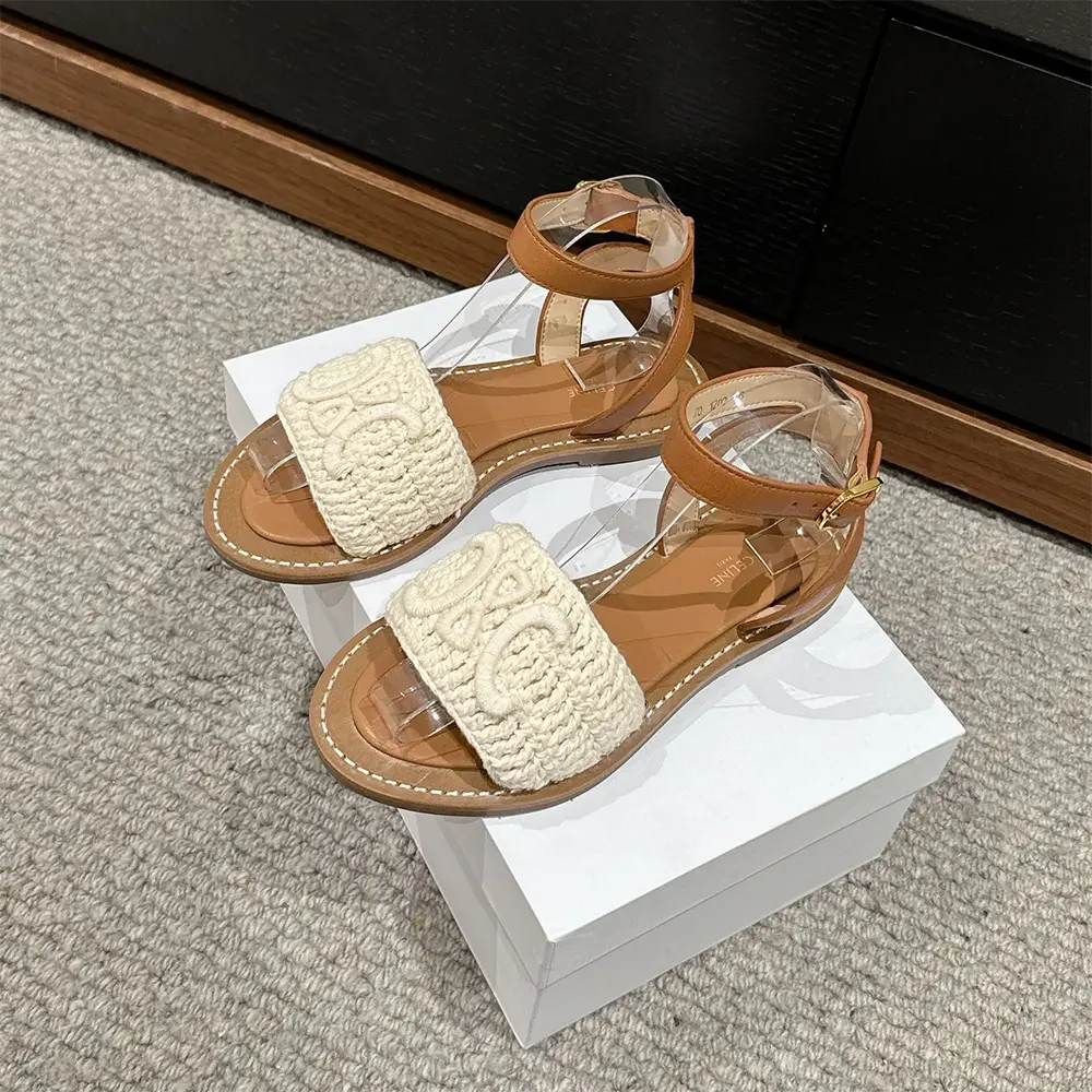 Celine Women Lympia Sandal in Triomphe Maccramé Cotton & Calfskin-White - image 4