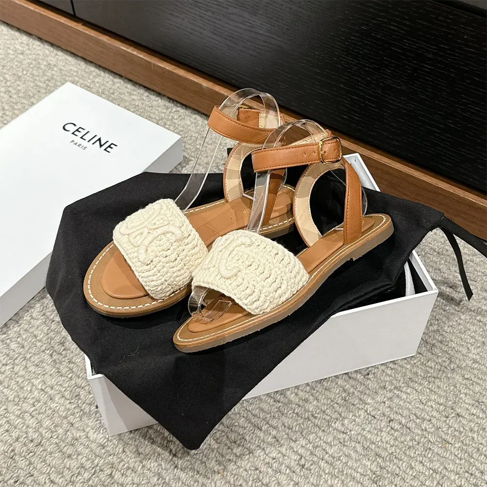 Celine Women Lympia Sandal in Triomphe Maccramé Cotton & Calfskin-White - image 6