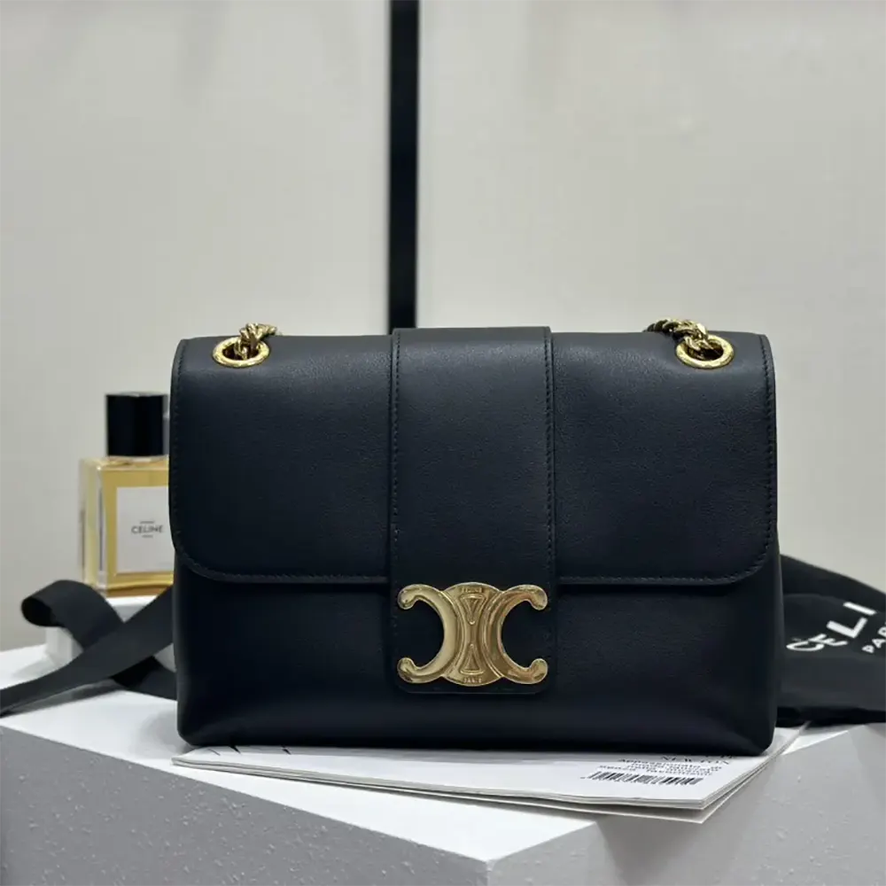 Close-up of gold-tone hardware and embossed logo on Celine Victoire Bag