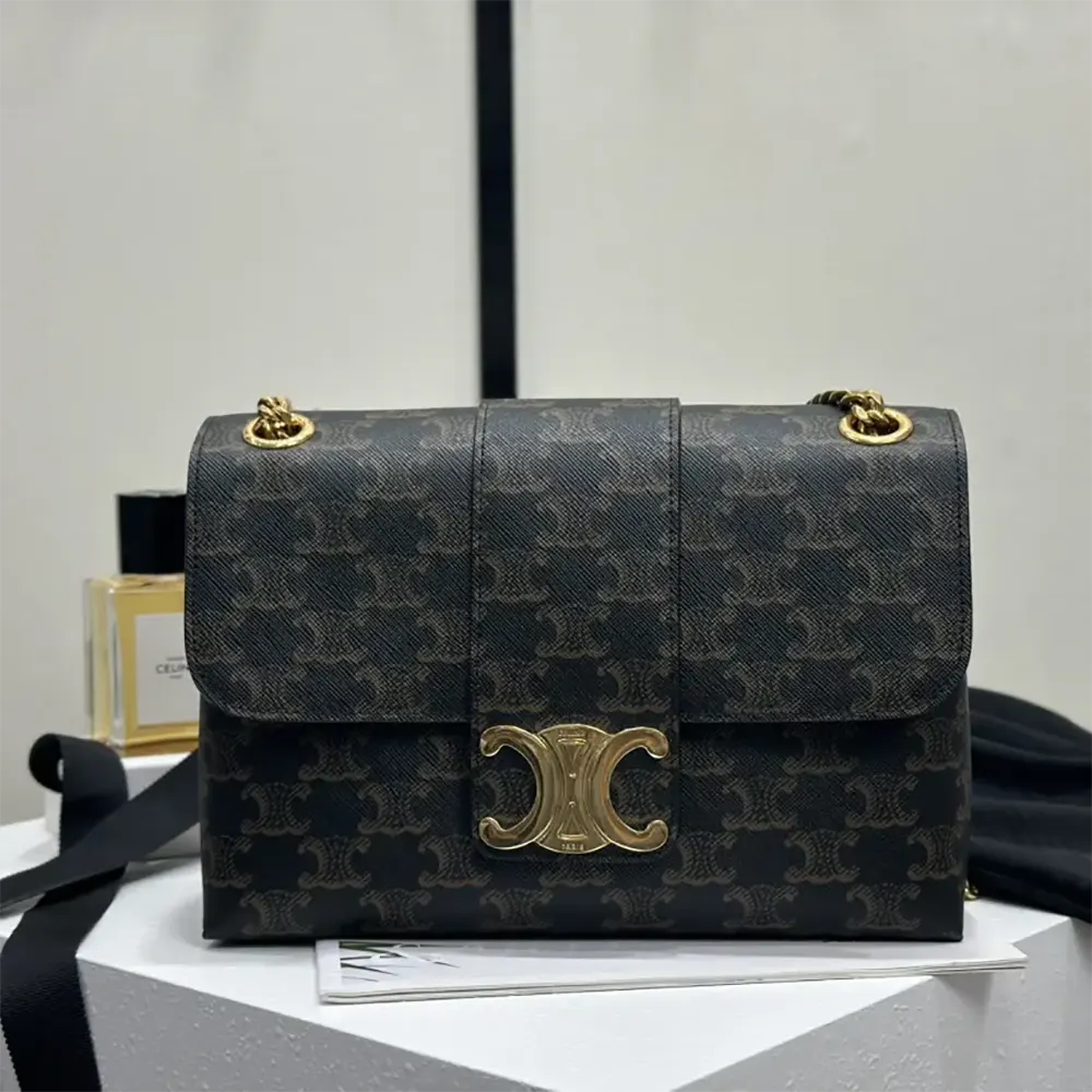 Close-up of gold hardware and signature clasp on Celine Victoire Bag