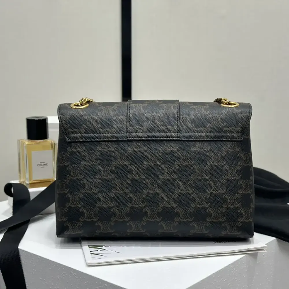 Side profile showing brown leather trim on Celine Victoire Bag