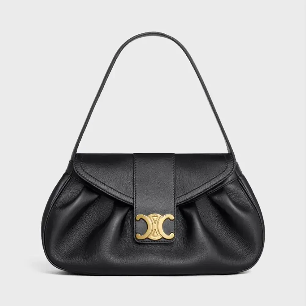 Front view of Celine Women Medium Polly Bag in Supple Calfskin-Black