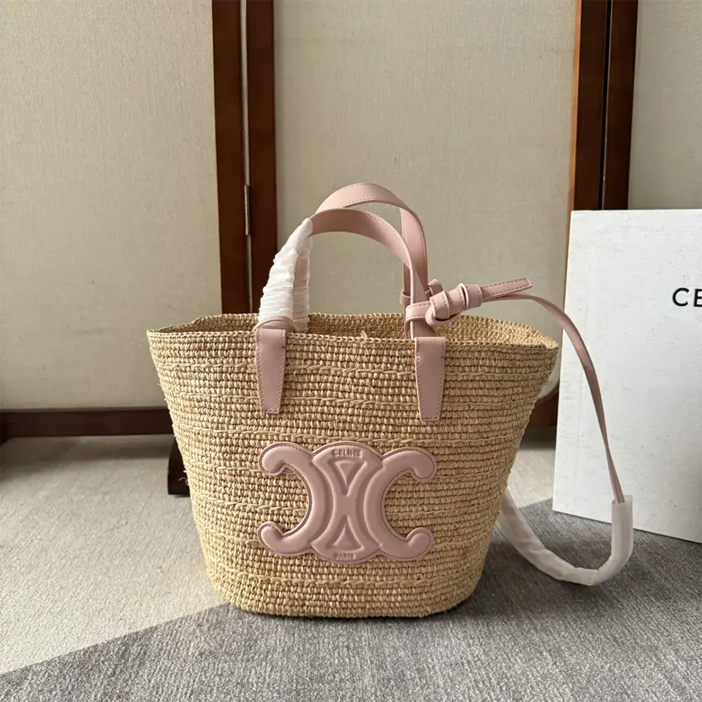 Close-up of pink calfskin and raffia texture on Celine Classic Panier