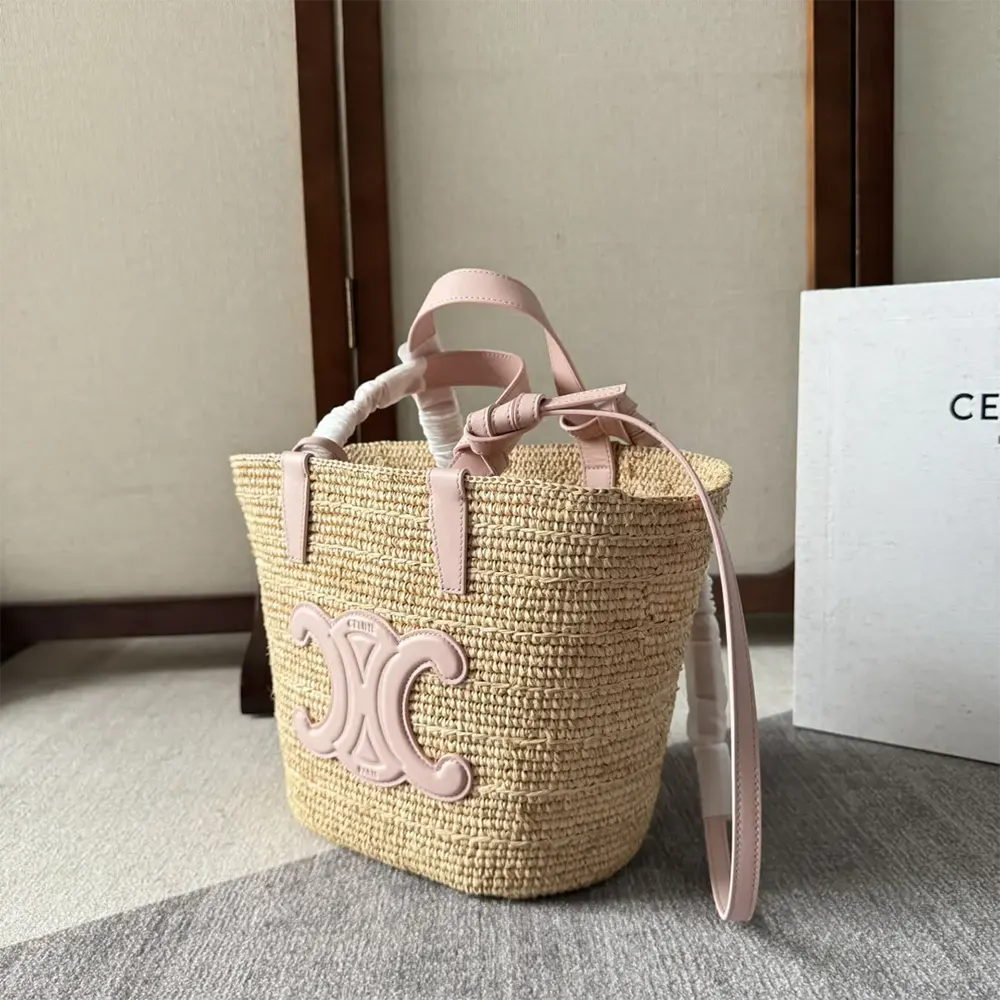 Celine Women Teen Supple Celine Classic Panier in Raffia and Calfskin-Pink - image 4