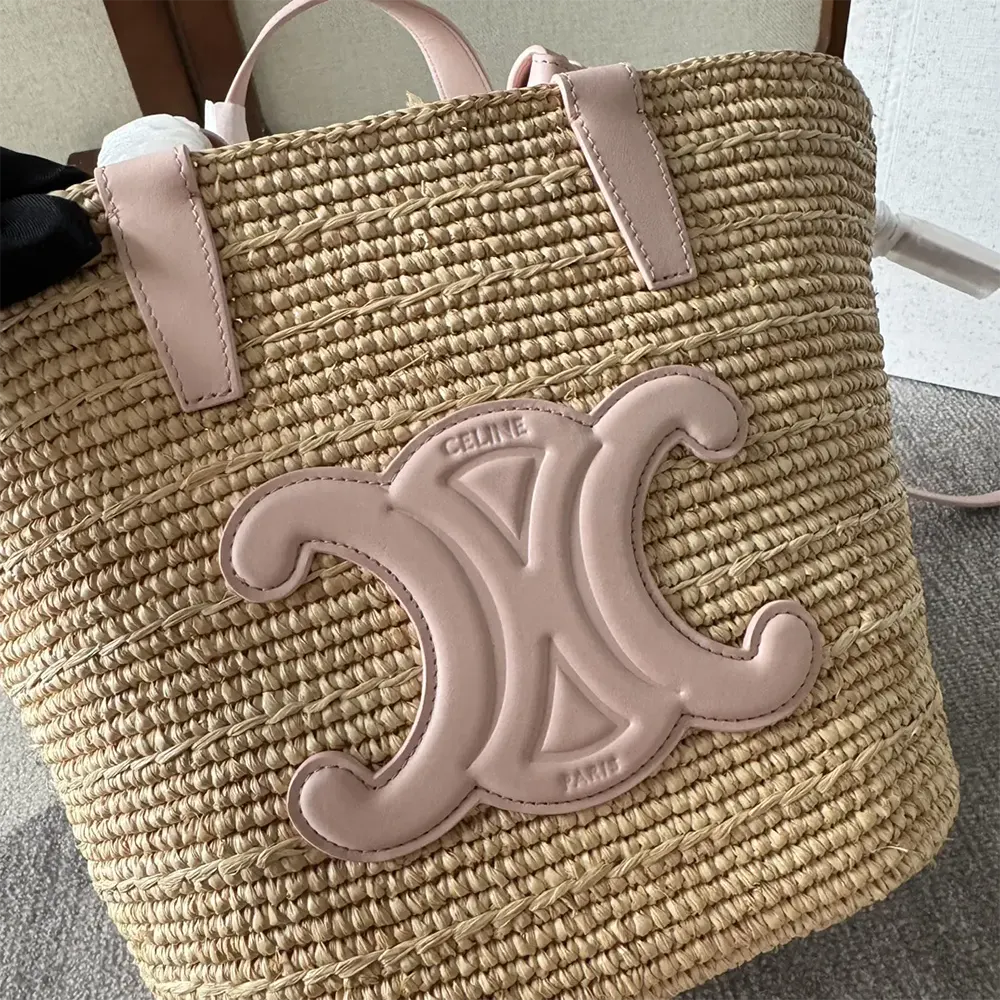 Celine Women Teen Supple Celine Classic Panier in Raffia and Calfskin-Pink - image 6
