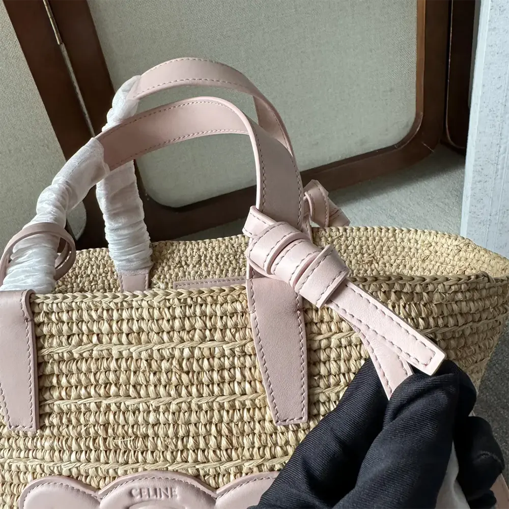 Celine Women Teen Supple Celine Classic Panier in Raffia and Calfskin-Pink - image 8
