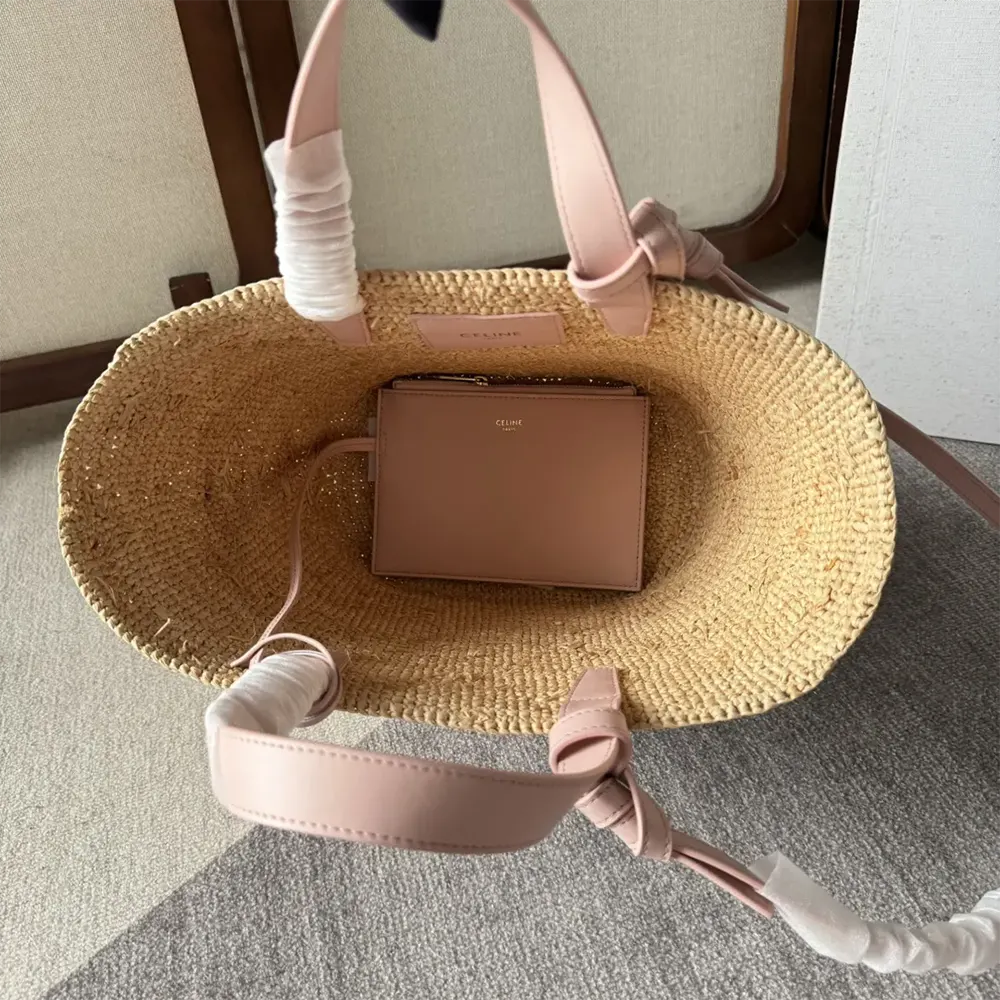 Celine Women Teen Supple Celine Classic Panier in Raffia and Calfskin-Pink - image 9