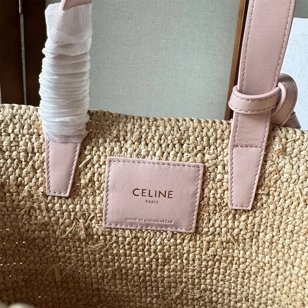 Celine Women Teen Supple Celine Classic Panier in Raffia and Calfskin-Pink - image 7