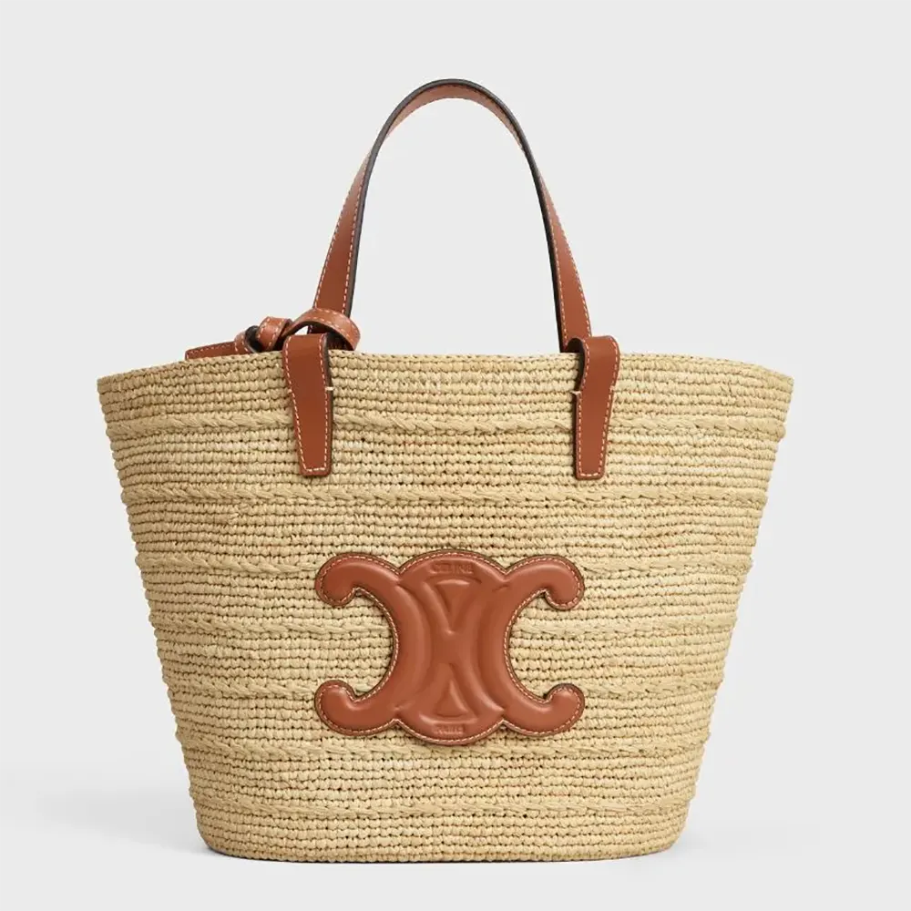 Front view of Celine Women Teen Supple Celine Classic Panier in Raffia and Calfskin-Tan