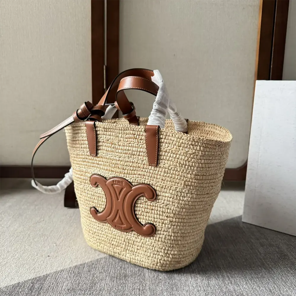 Celine Women Teen Supple Celine Classic Panier in Raffia and Calfskin-Tan - image 4