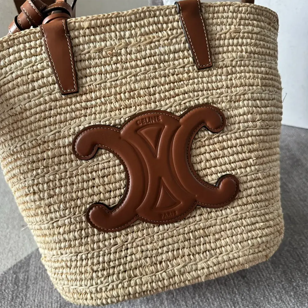 Celine Women Teen Supple Celine Classic Panier in Raffia and Calfskin-Tan - image 7