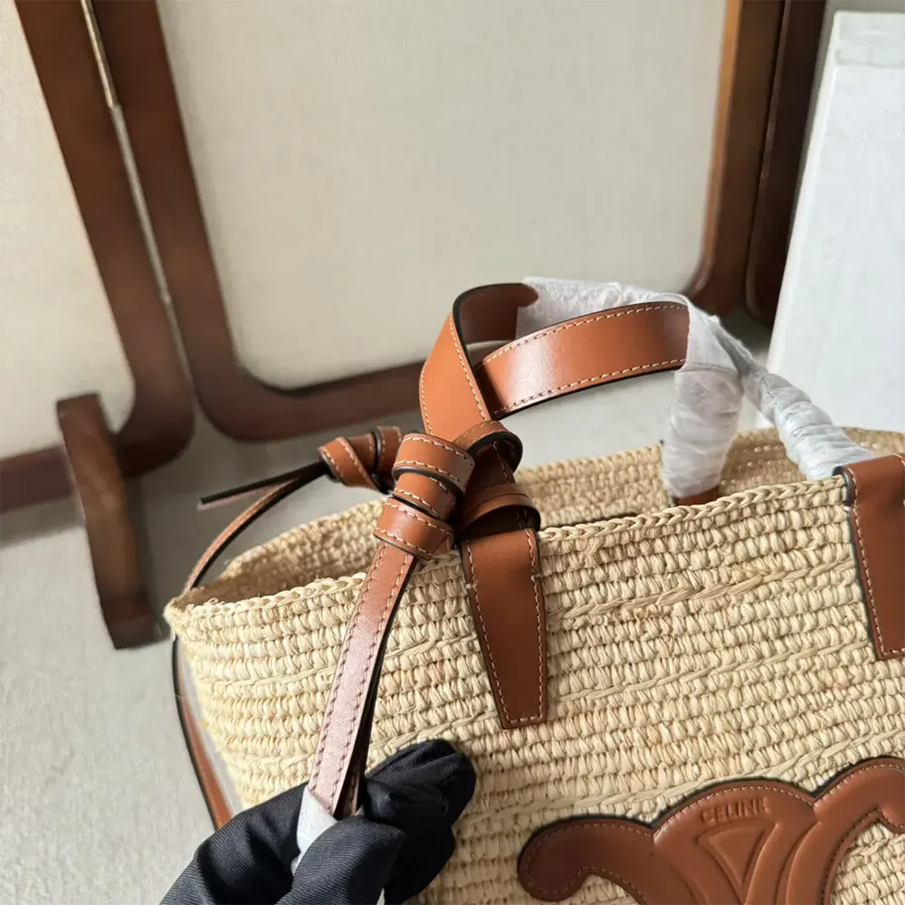 Celine Women Teen Supple Celine Classic Panier in Raffia and Calfskin-Tan - image 8