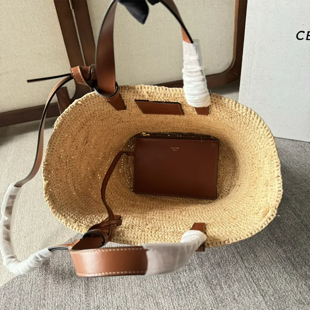 Celine Women Teen Supple Celine Classic Panier in Raffia and Calfskin-Tan - image 6