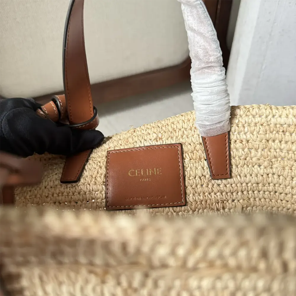 Celine Women Teen Supple Celine Classic Panier in Raffia and Calfskin-Tan - image 9