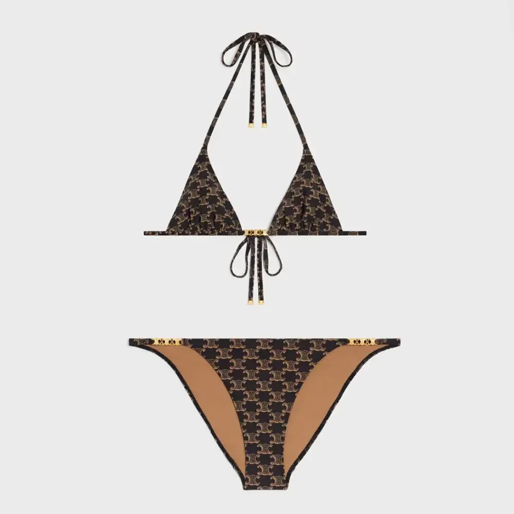 Front view of Celine Women Triangle Top / Swimsuit Bottom in brown monogram jersey