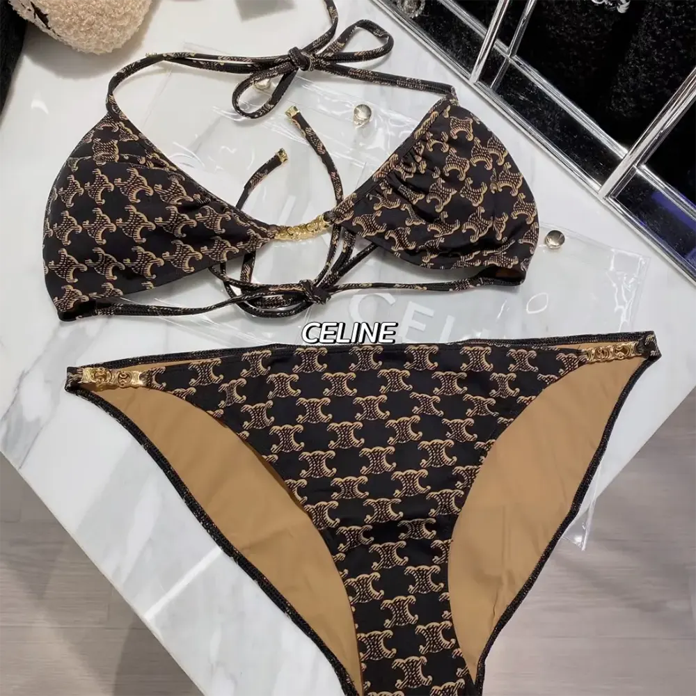 Close-up detail of Celine monogram pattern on swimsuit fabric