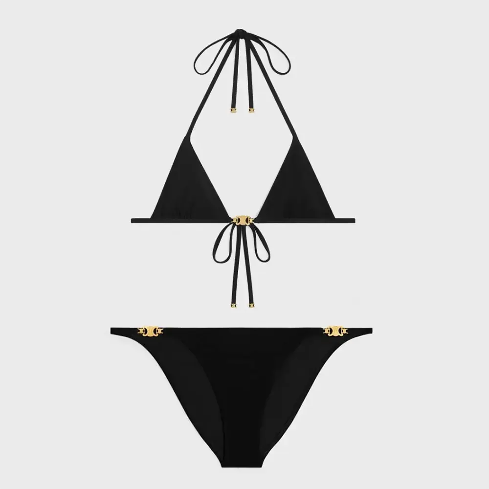Front view of Celine Women Triomphe Triangle Top / Swimsuit Bottom in Matte Jersey