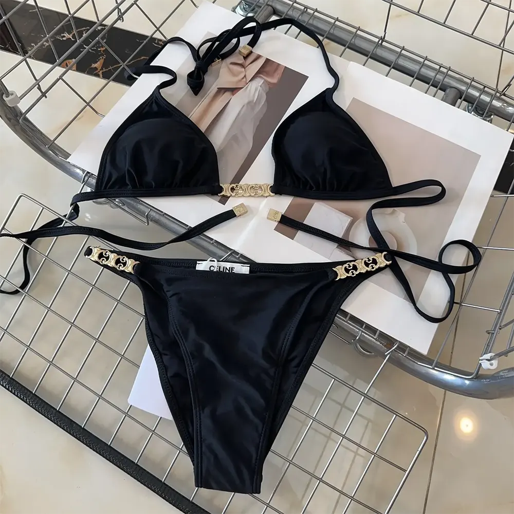 Close-up of gold Triomphe hardware on Celine swimsuit top