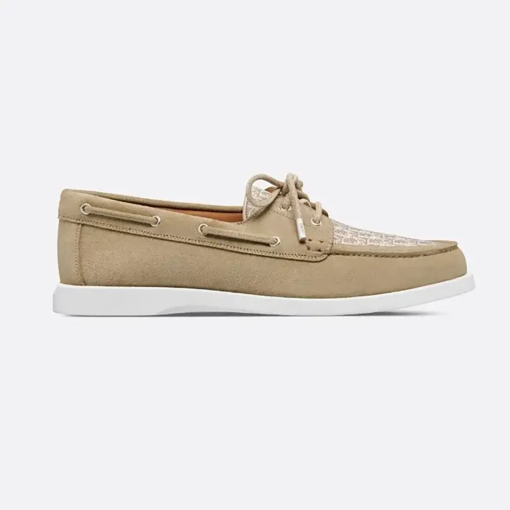 Side profile of Dior Men Granville Boat Shoe Beige Suede and Dior Oblique jacquard