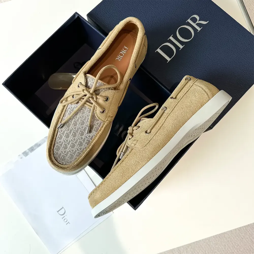 Top view of slip-on Dior Men Granville Boat Shoe beige suede and jacquard