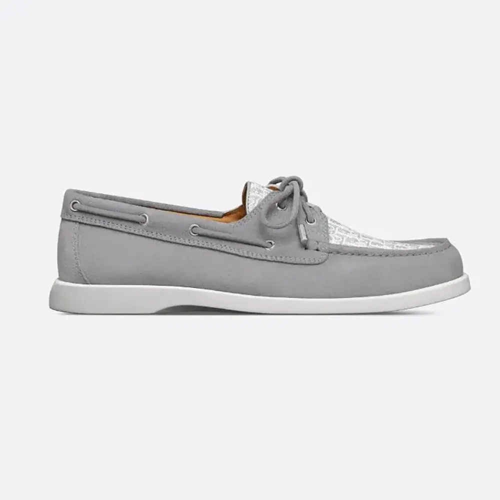Side view of Dior Men Granville Boat Shoe Dior Gray Suede and Dior Oblique Jacquard
