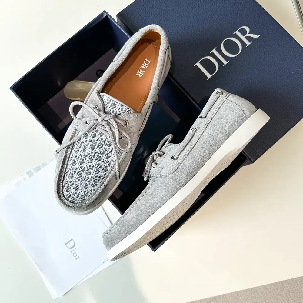 Top view showing slip-on design and silver-tone hardware of Dior Men Granville Boat Shoe
