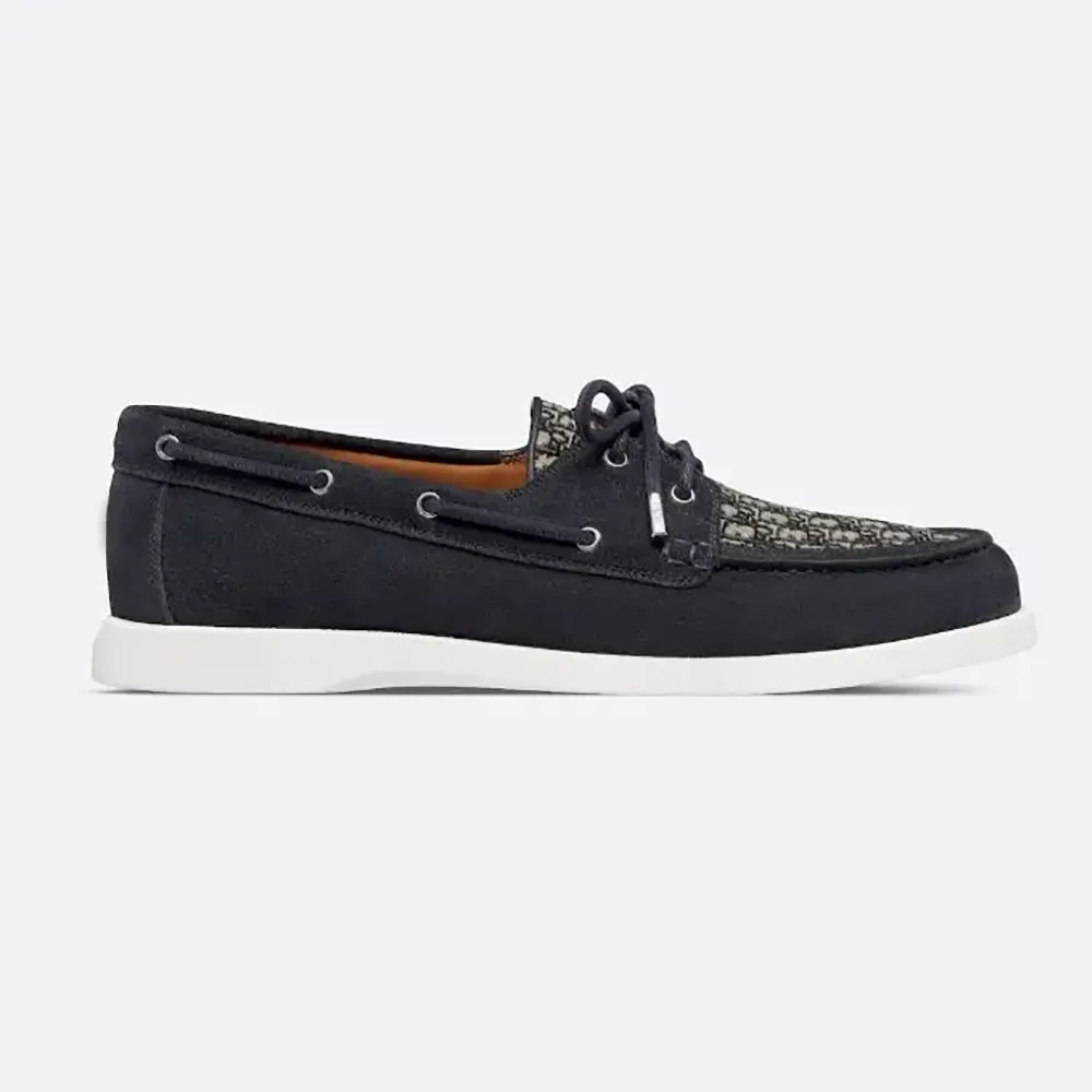 Side view of Dior Men Granville Boat Shoe Navy Blue Suede with Dior jacquard