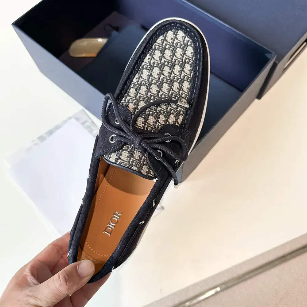 Dior Men Granville Boat Shoe Navy Blue Suede with Beige and Black Dior Oblique Jacquard - image 4
