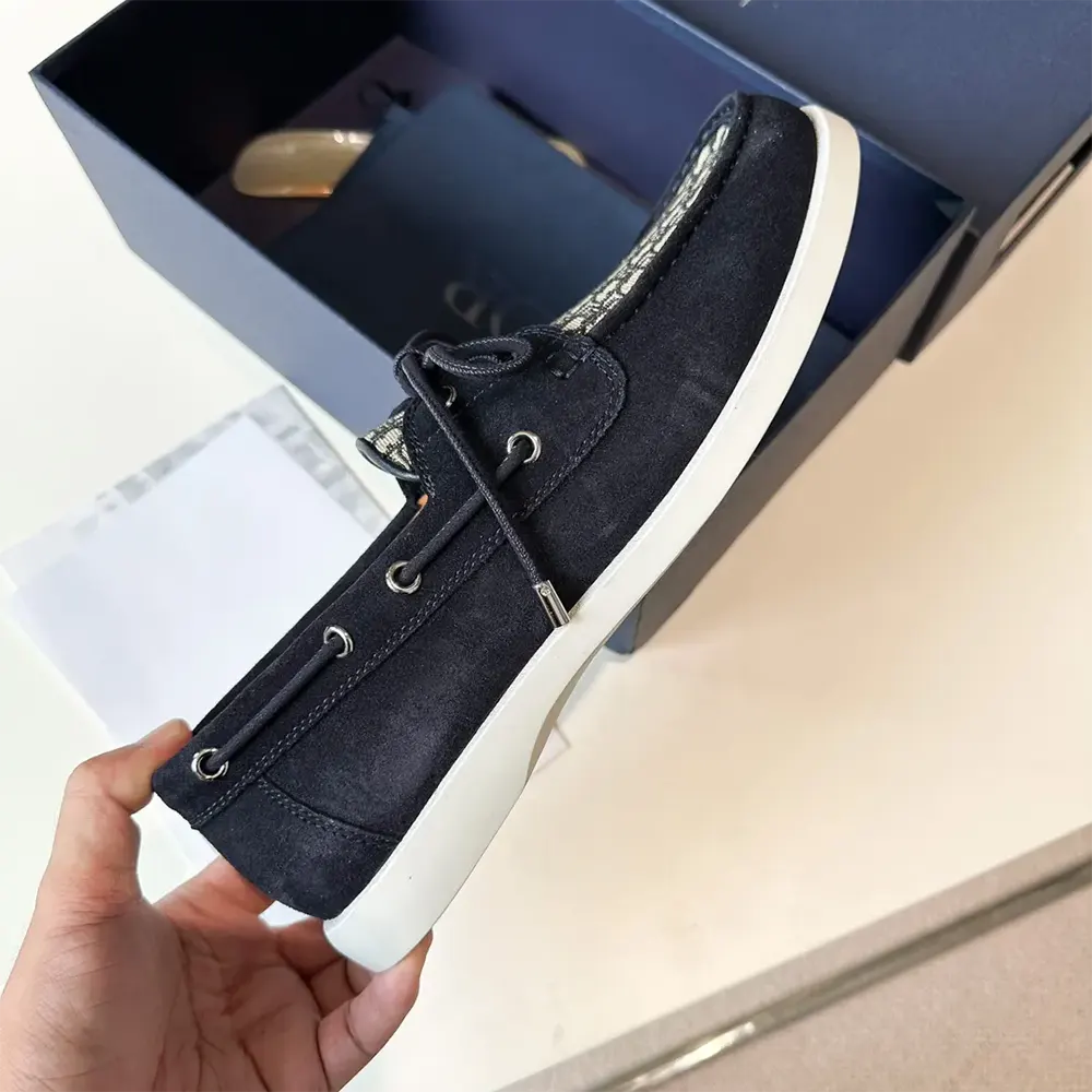 Dior Men Granville Boat Shoe Navy Blue Suede with Beige and Black Dior Oblique Jacquard - image 5