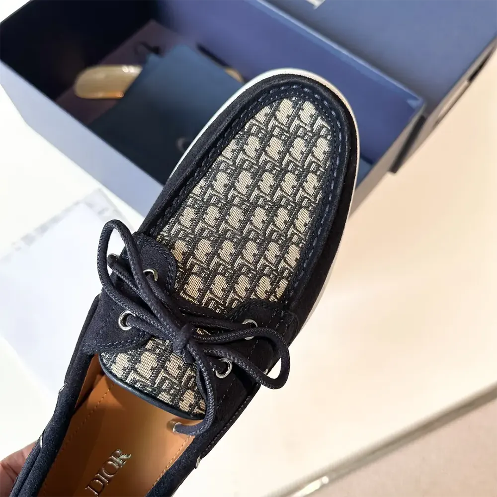 Dior Men Granville Boat Shoe Navy Blue Suede with Beige and Black Dior Oblique Jacquard - image 6