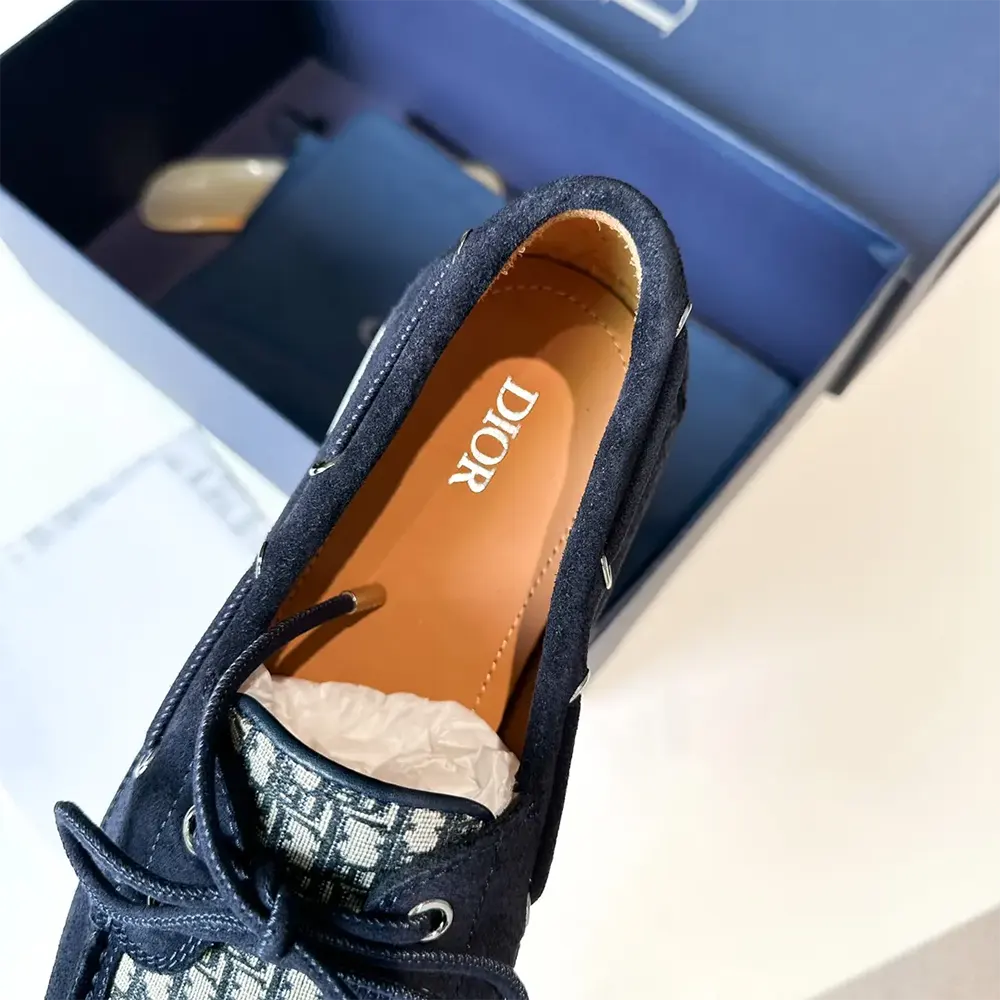 Dior Men Granville Boat Shoe Navy Blue Suede with Beige and Black Dior Oblique Jacquard - image 7