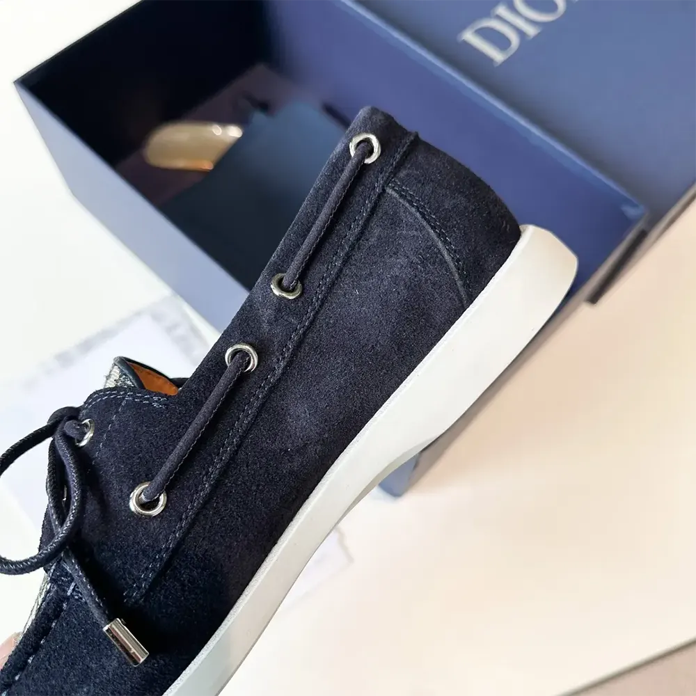 Dior Men Granville Boat Shoe Navy Blue Suede with Beige and Black Dior Oblique Jacquard - image 8