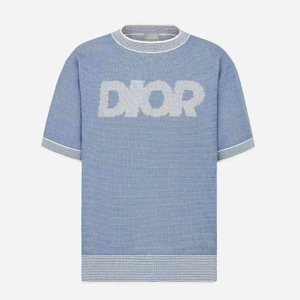 Front view of Dior Men Italic T-Shirt Blue Cotton-Blend Tramato Knit