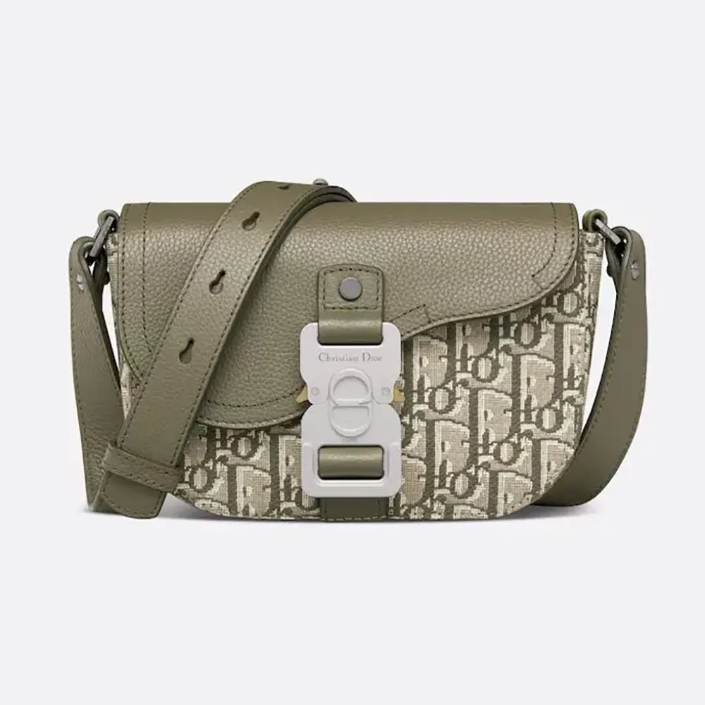 Front angle of Dior Men Mini Saddle Messenger Bag in dark green jacquard