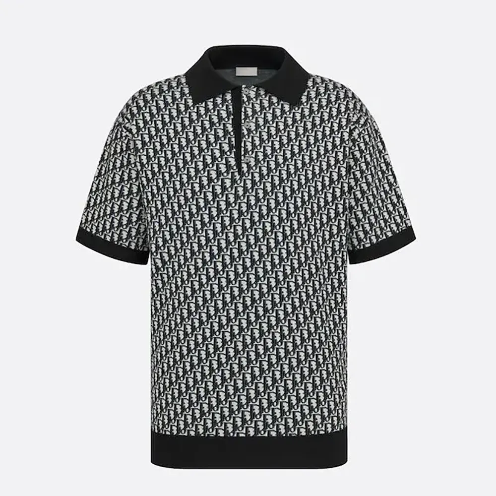 Front view of Dior Men Oblique Polo Shirt Beige Blue and Black Cotton Jacquard