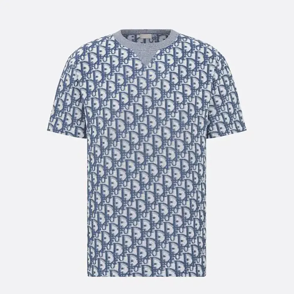 Front view of Dior Men Oblique Relaxed-Fit T-Shirt Blue and White Terry Cotton Jersey