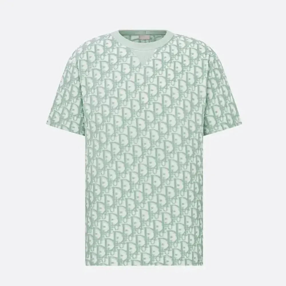 Front view of Dior Men Oblique Relaxed-Fit T-Shirt Green and White Terry Cotton Jersey