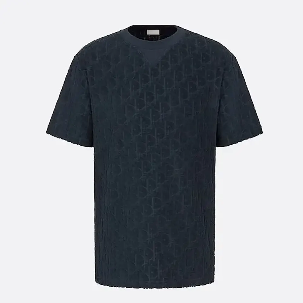 Dior Men Oblique Relaxed-Fit T-Shirt Navy Blue Terry Cotton Jacquard