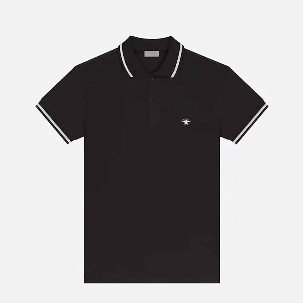 Front view of Dior Men Polo Shirt with Bee Embroidery in black cotton piqué