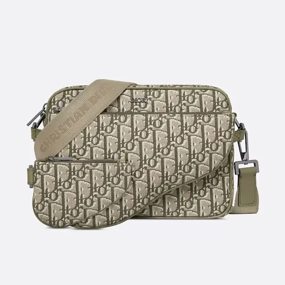 Front view of Dior Men Saddle Triple Pouch Khaki Dior Oblique Jacquard bag