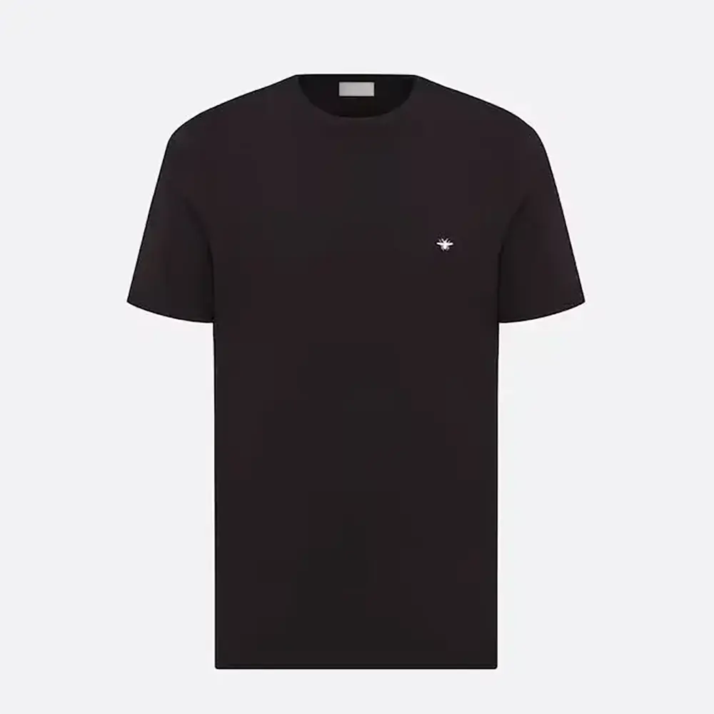 Front view of Dior Men T-Shirt with Bee Embroidery black cotton jersey