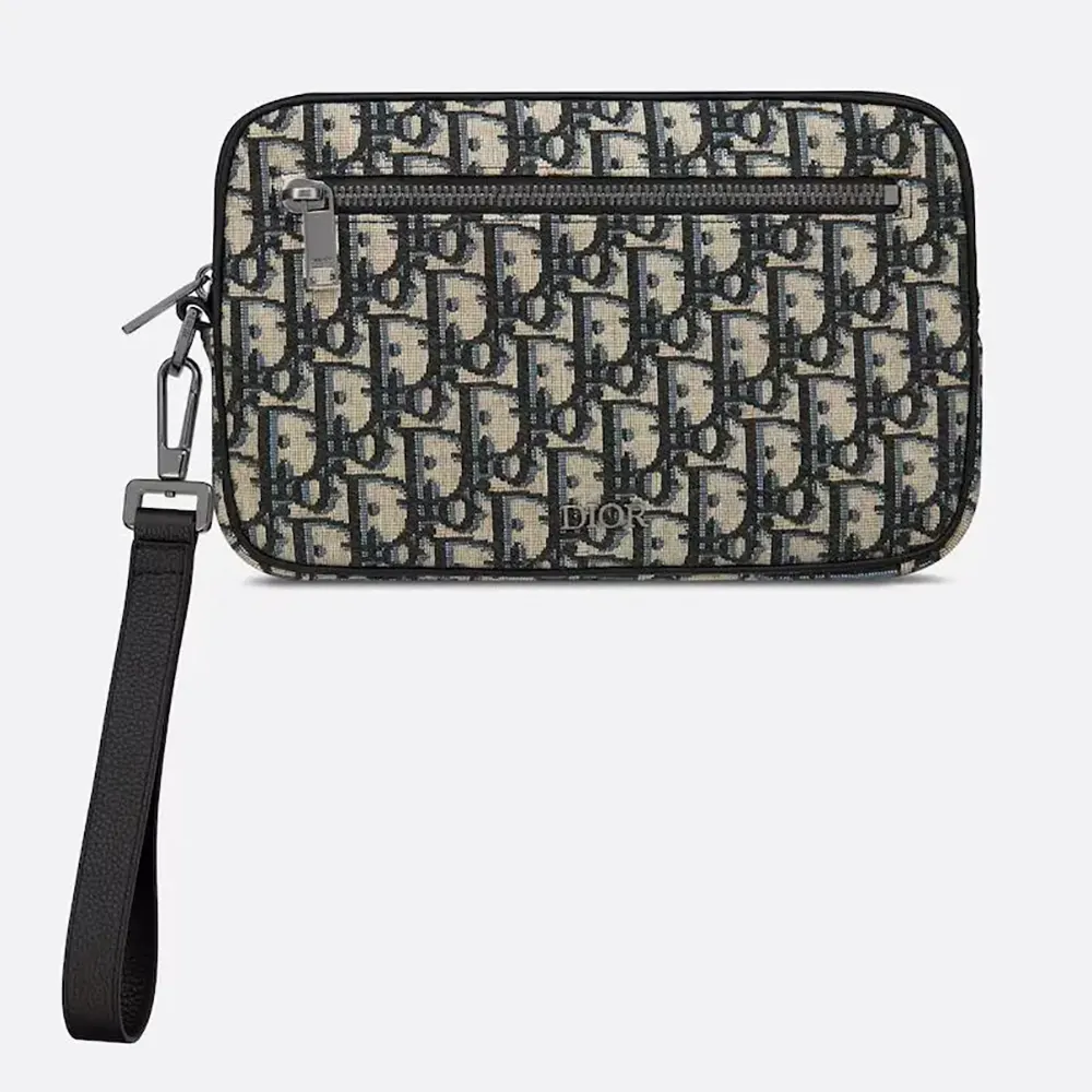 Front angle of Dior Men Toiletry Bag Beige and Black Dior Oblique Jacquard