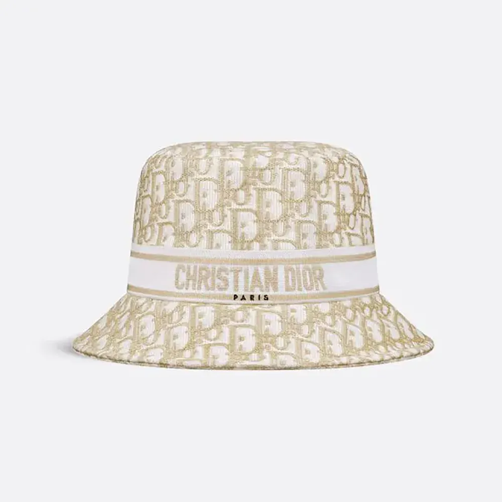 Front view of Dior Unisex D-Bobby Dior Oblique Small Brim Bucket Hat white gold embroidery