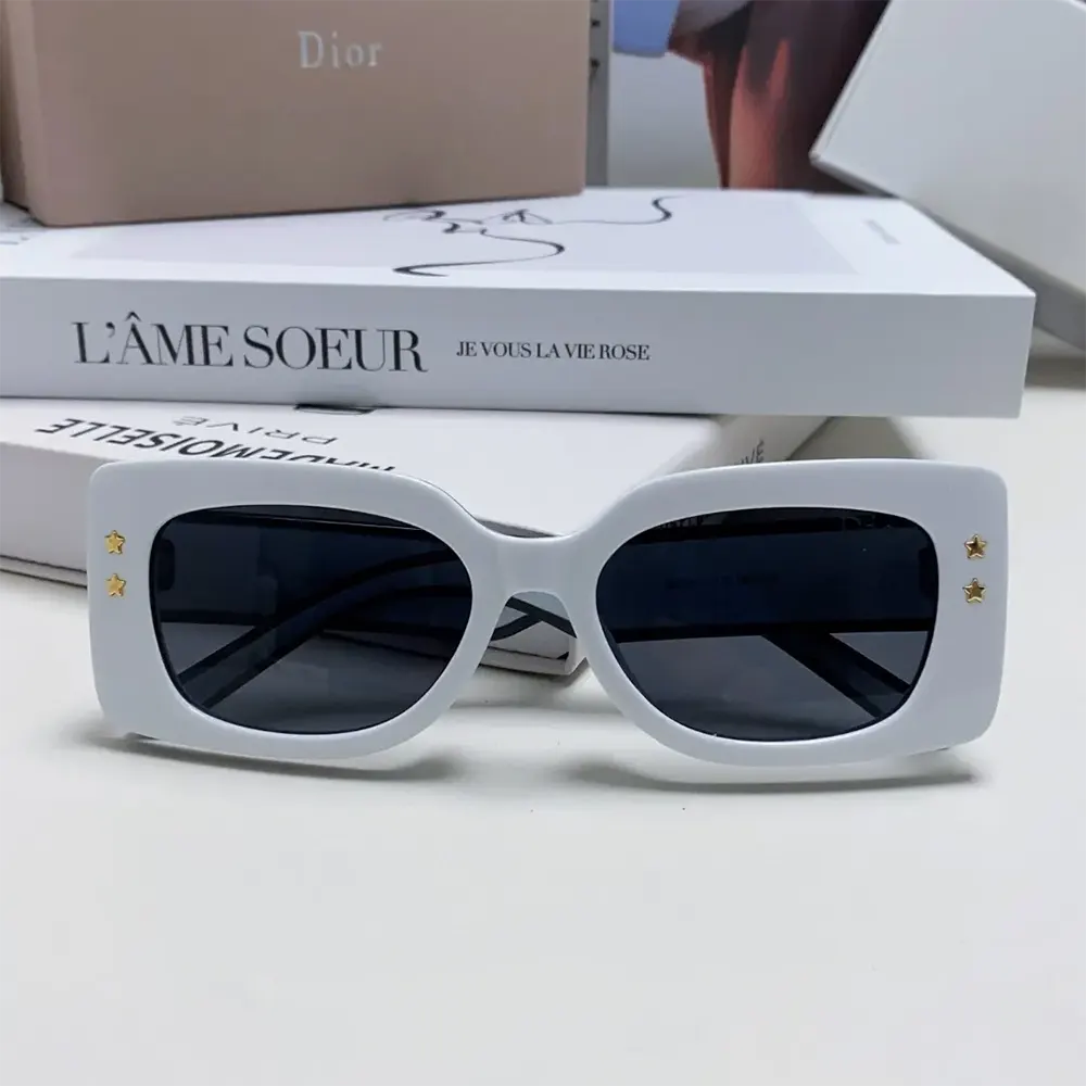 Close-up of silver Dior hardware on white frame sunglasses