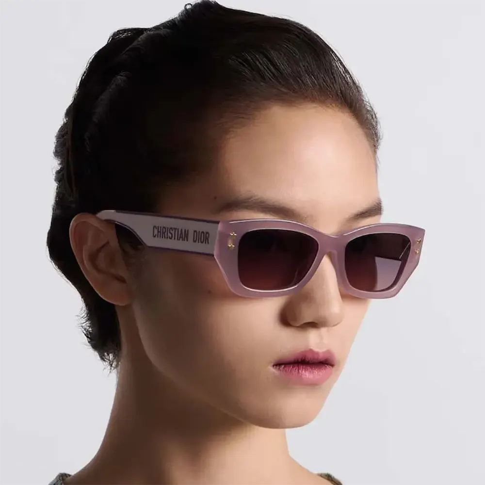 Side angle showing adjustable nose pads on DiorPacific S2U Lilac sunglasses