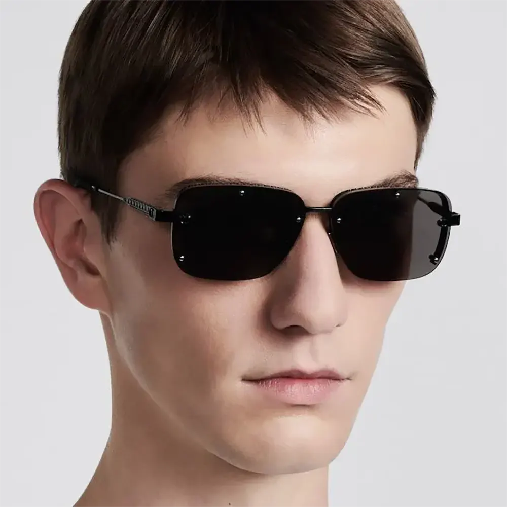 Side profile showing matte gray acetate frame of Dior NeoDior sunglasses