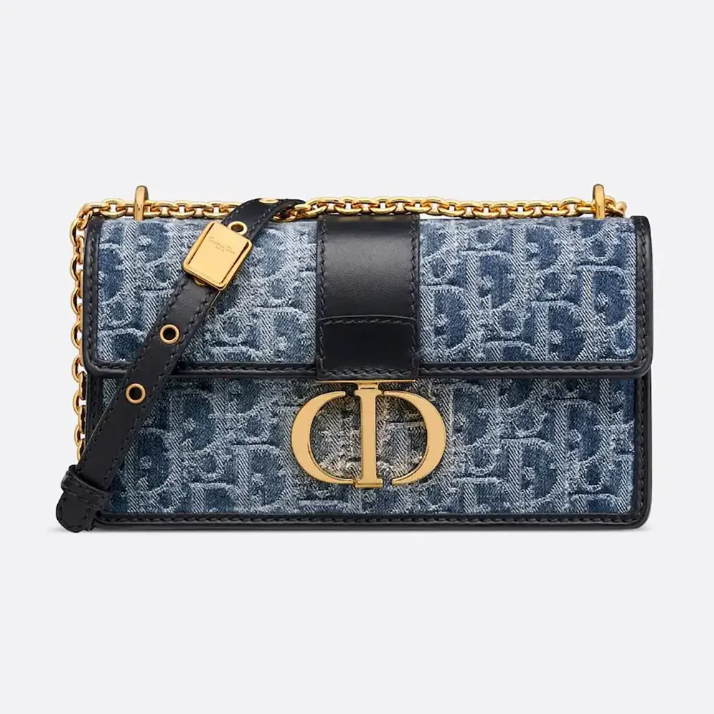 Front view of Dior Women 30 Montaigne East-West Bag Blue Denim Dior Oblique Jacquard