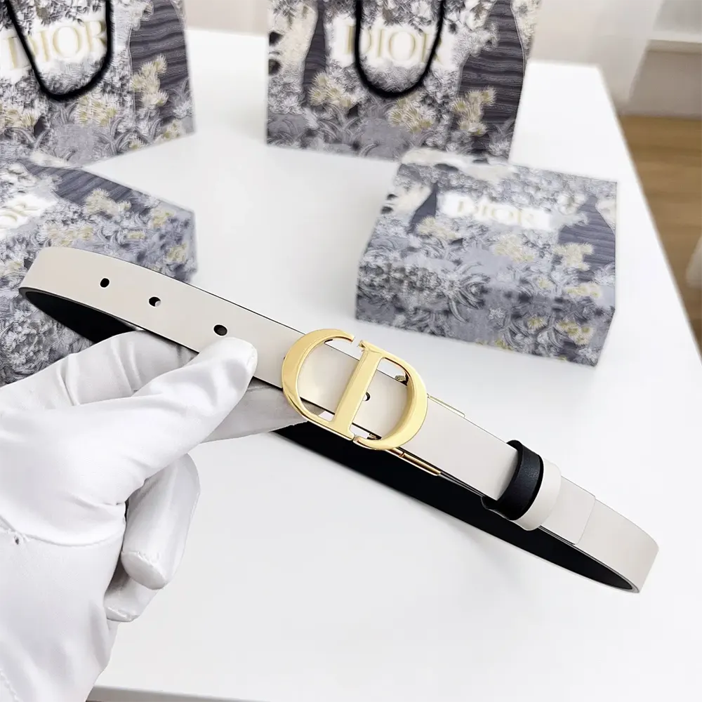 Side angle showing smooth calfskin texture on Dior Women 30 Montaigne Belt
