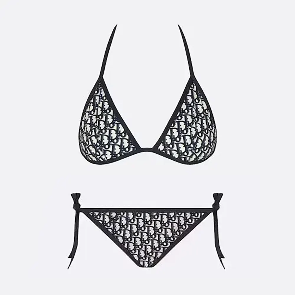 Front view of Dior Women Bikini Top Blue Dior Oblique Technical Fabric